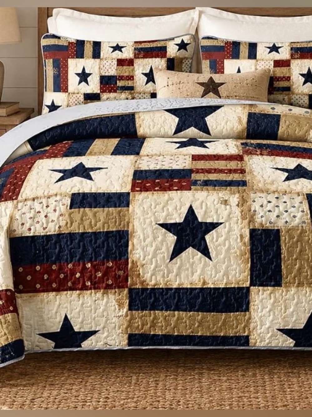 Patriotic Star Patchwork Quilt Set - Navy, Red, Cream